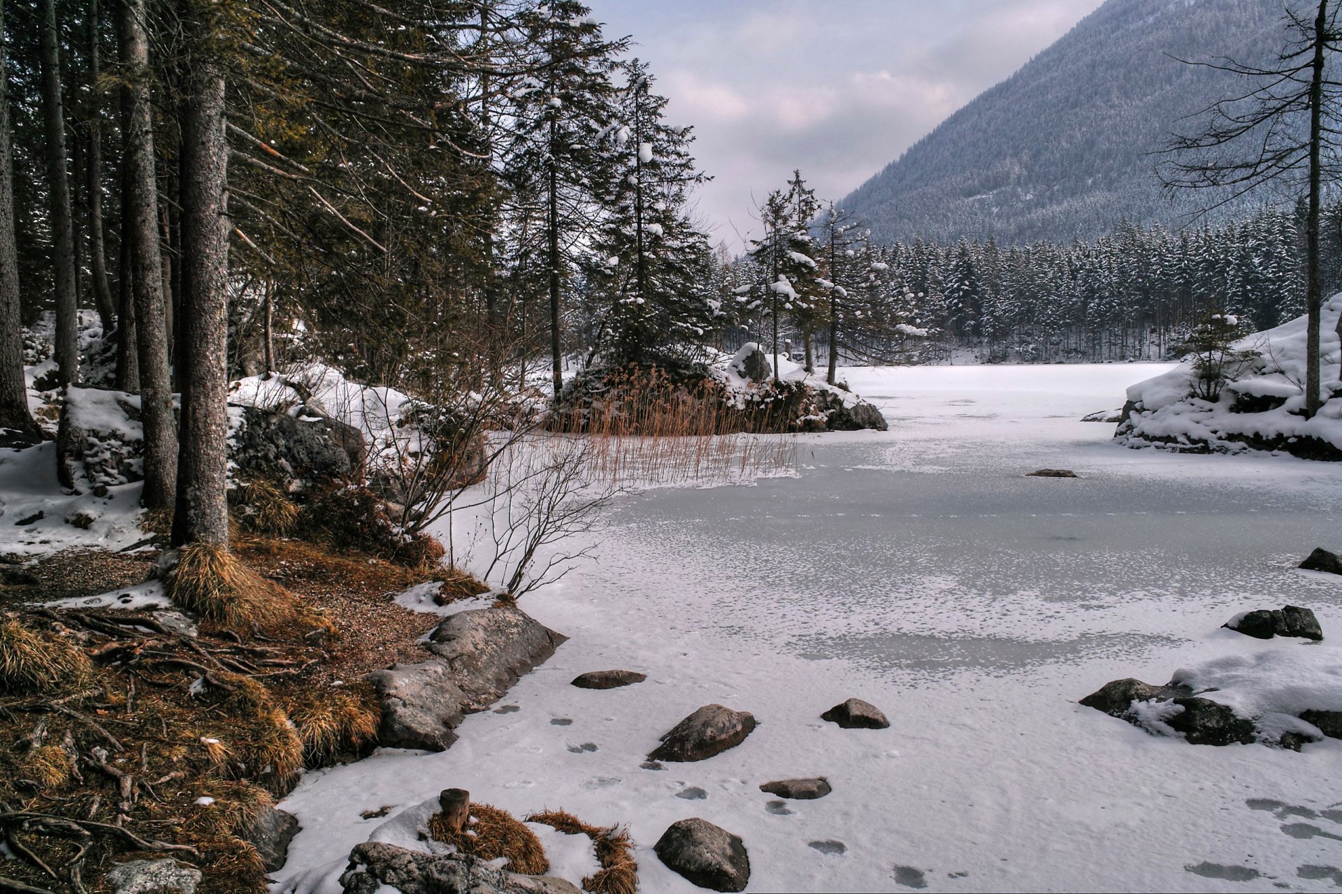 niebo góry zima drzewa jezioro lód śnieg natura