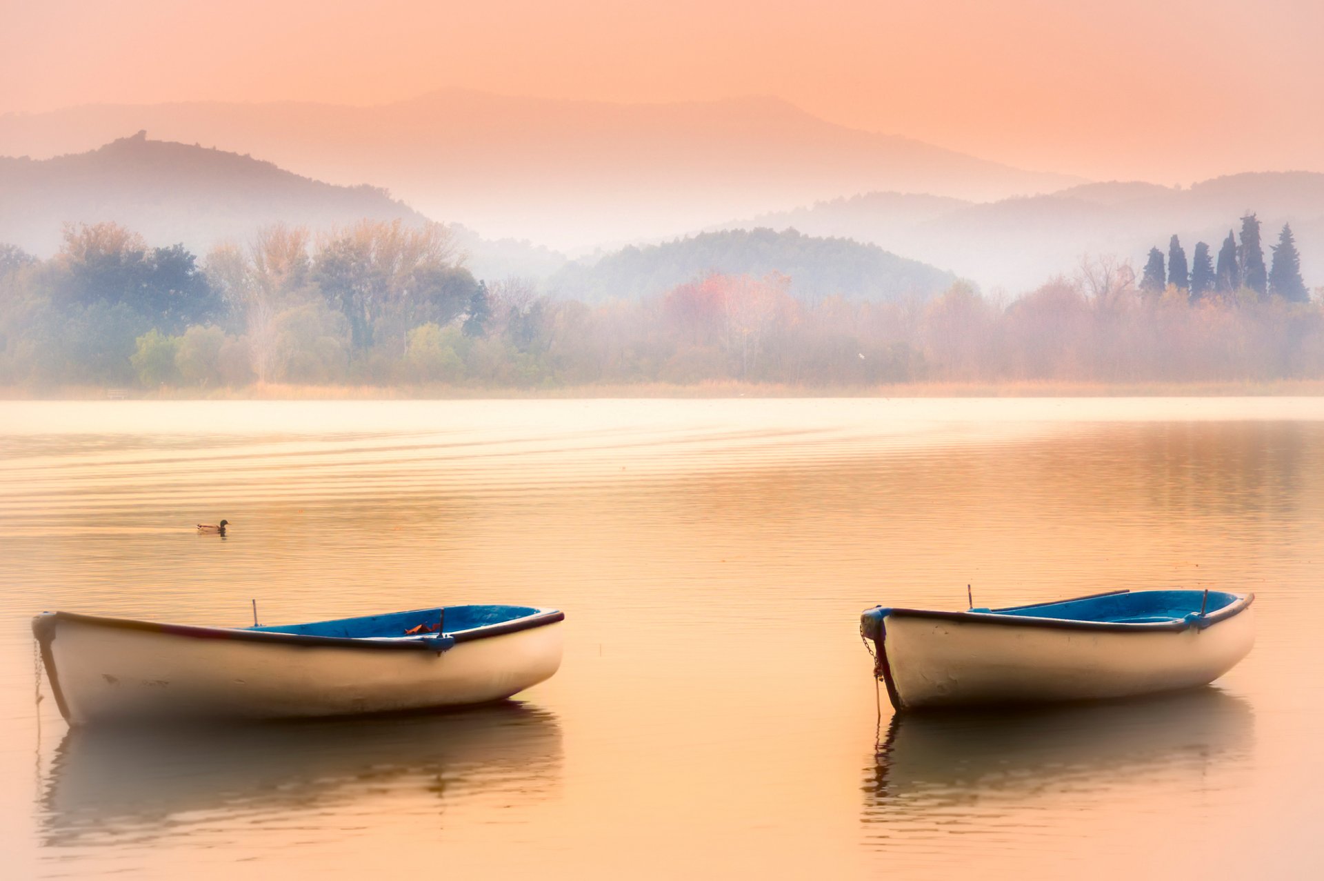 himmel berge see nebel boote ente