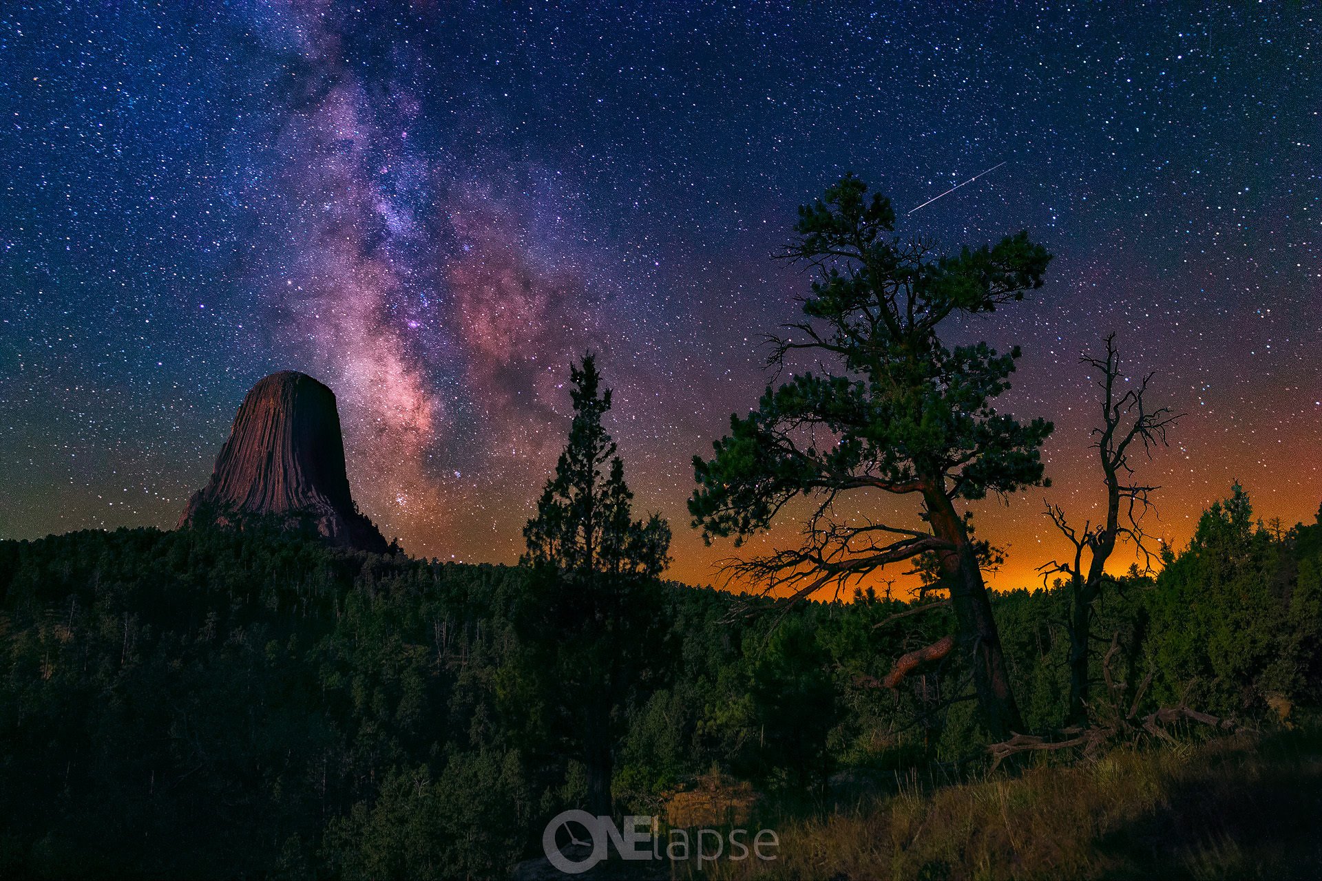 états-unis wyoming devil tower nature monument forêt nuit ciel étoiles voie lactée