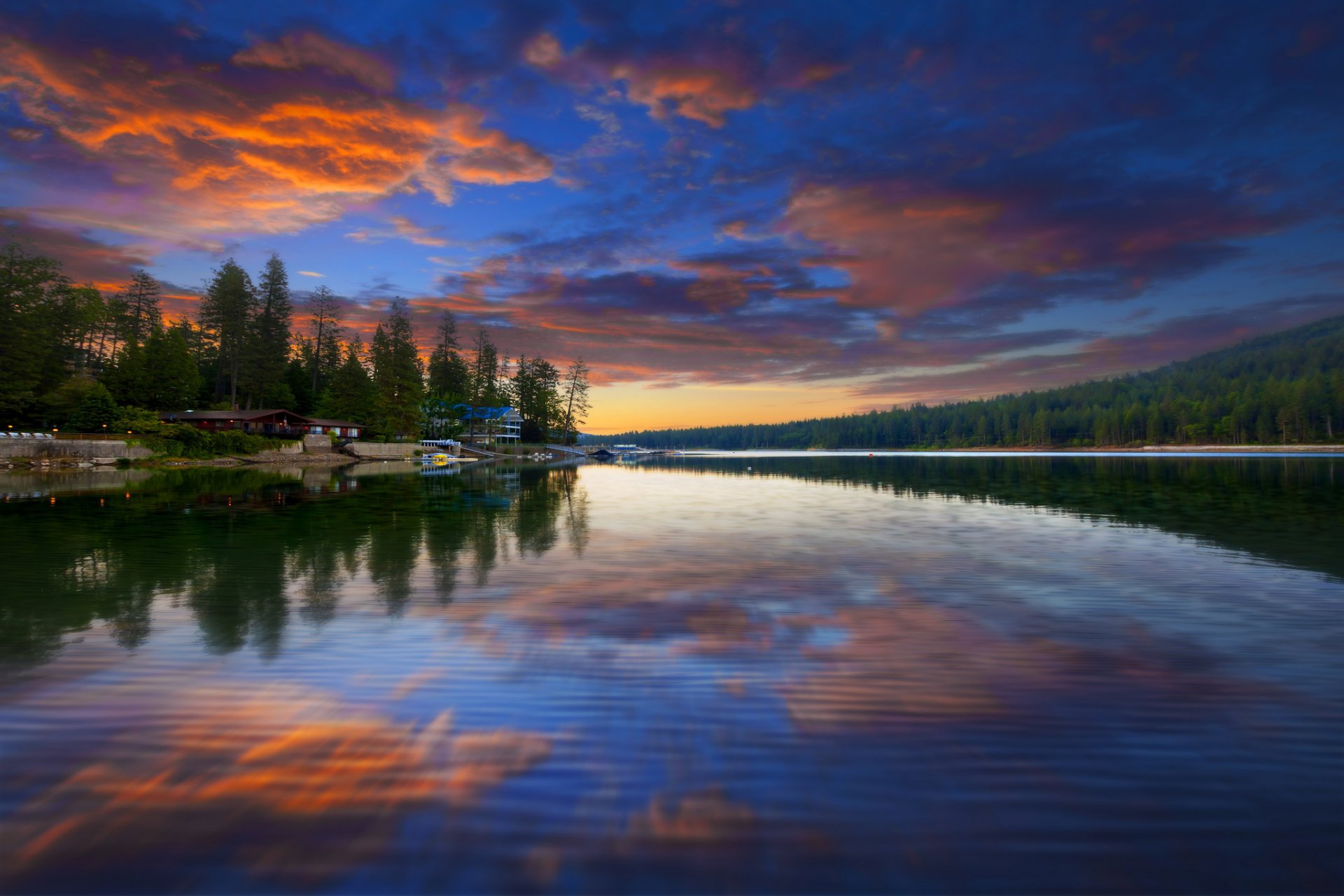 nature paysage lac forêt ciel réflexion nuages aube