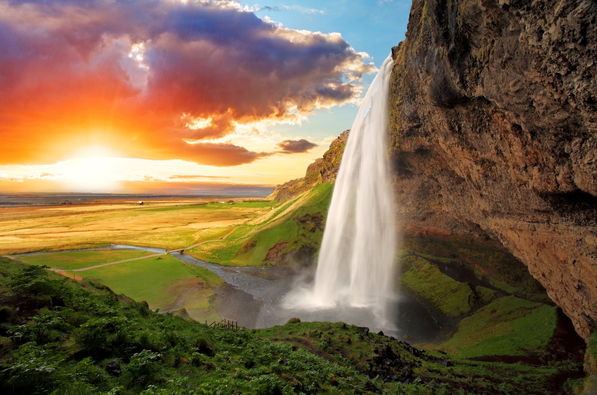 valley river waterfall clouds sun house rails slope