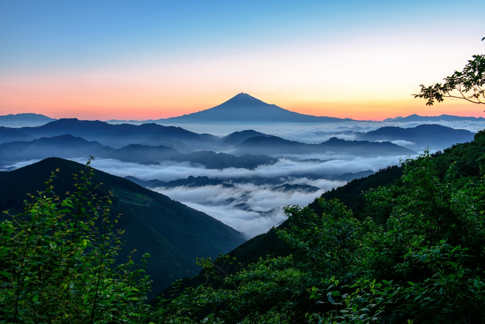 mountain mist sky clouds snow blue sunset summit volcano fog fuji japan hd