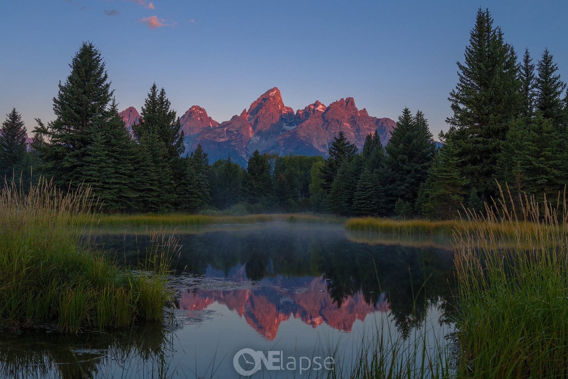 nature united states wyoming national park grand-titon snake river schwabachers landing forest mountain reflection morning light peaks sky