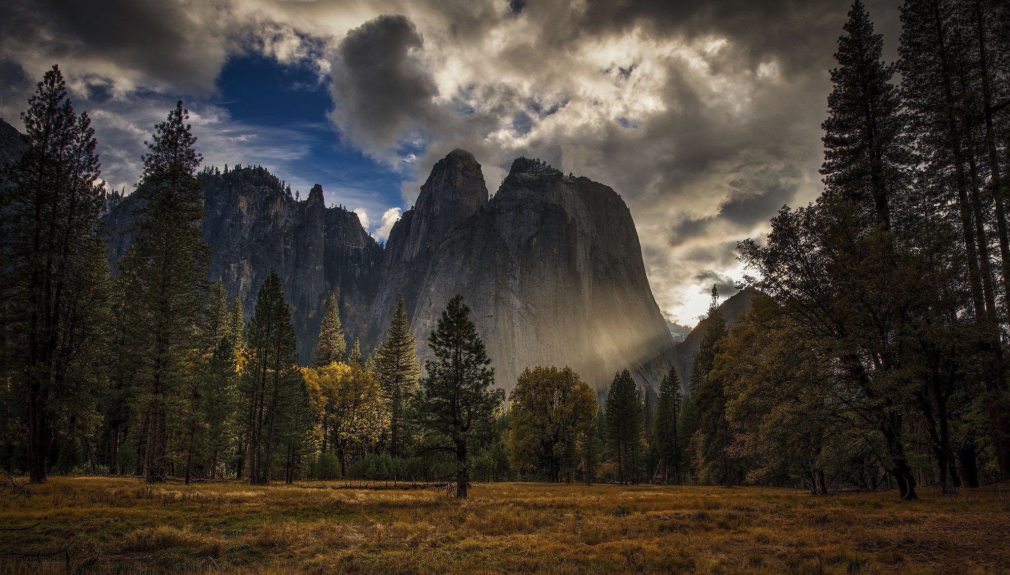 parque nacional de yosemite sierra nevada estados unidos montañas cielo noche árboles rocas hierba otoño