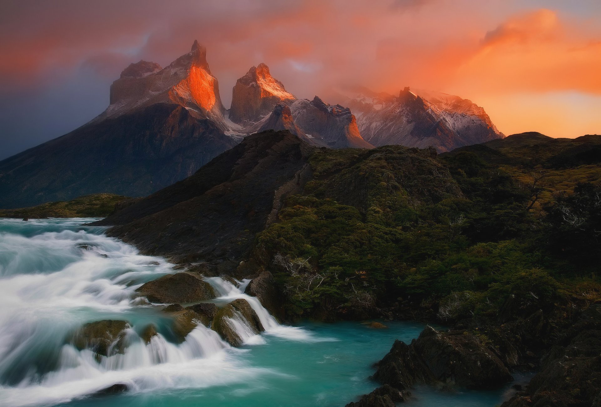 outh america patagonia andes mountains sky clouds river flows rock