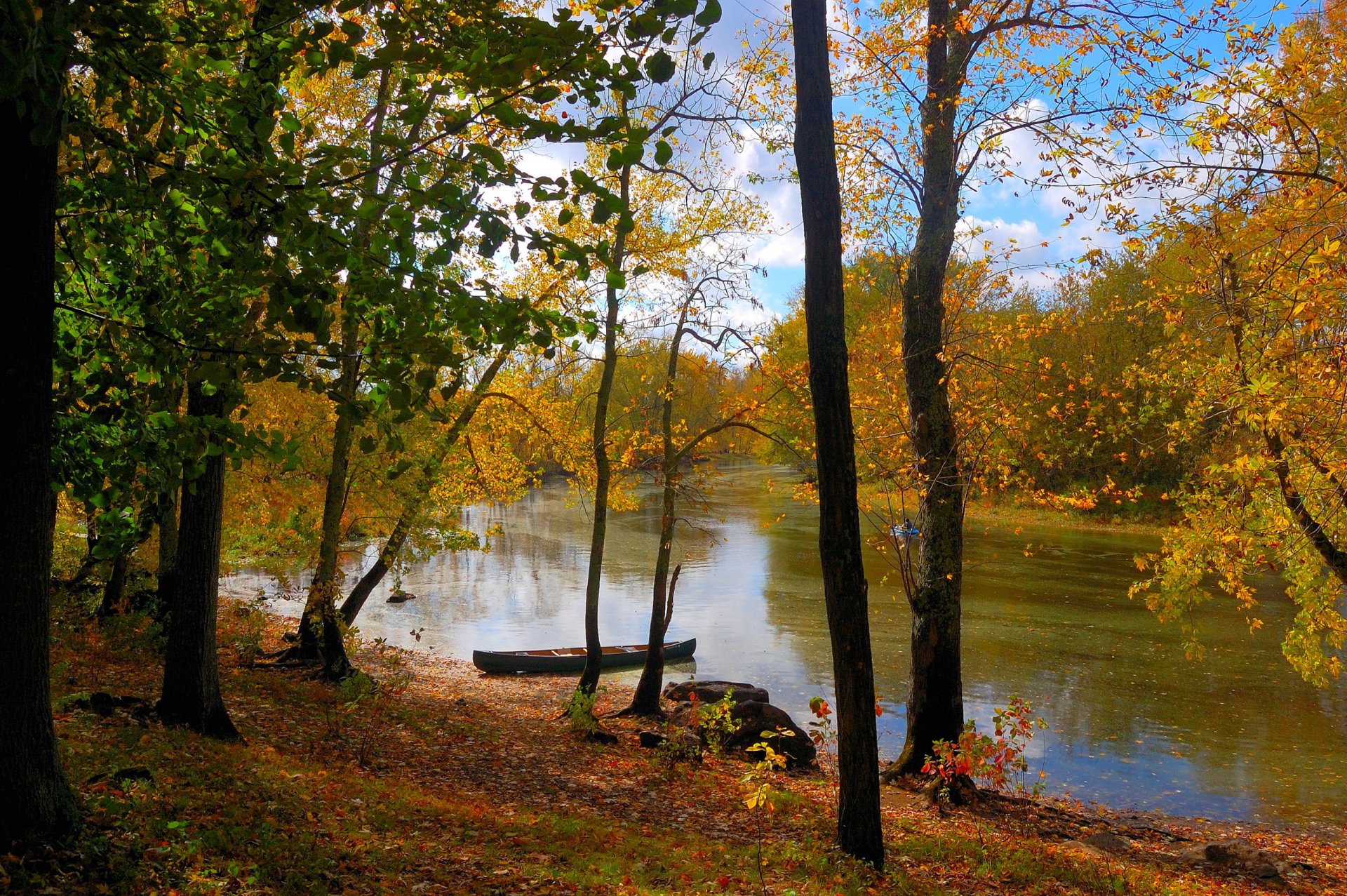 himmel wald fluss boot bäume blätter herbst landschaft