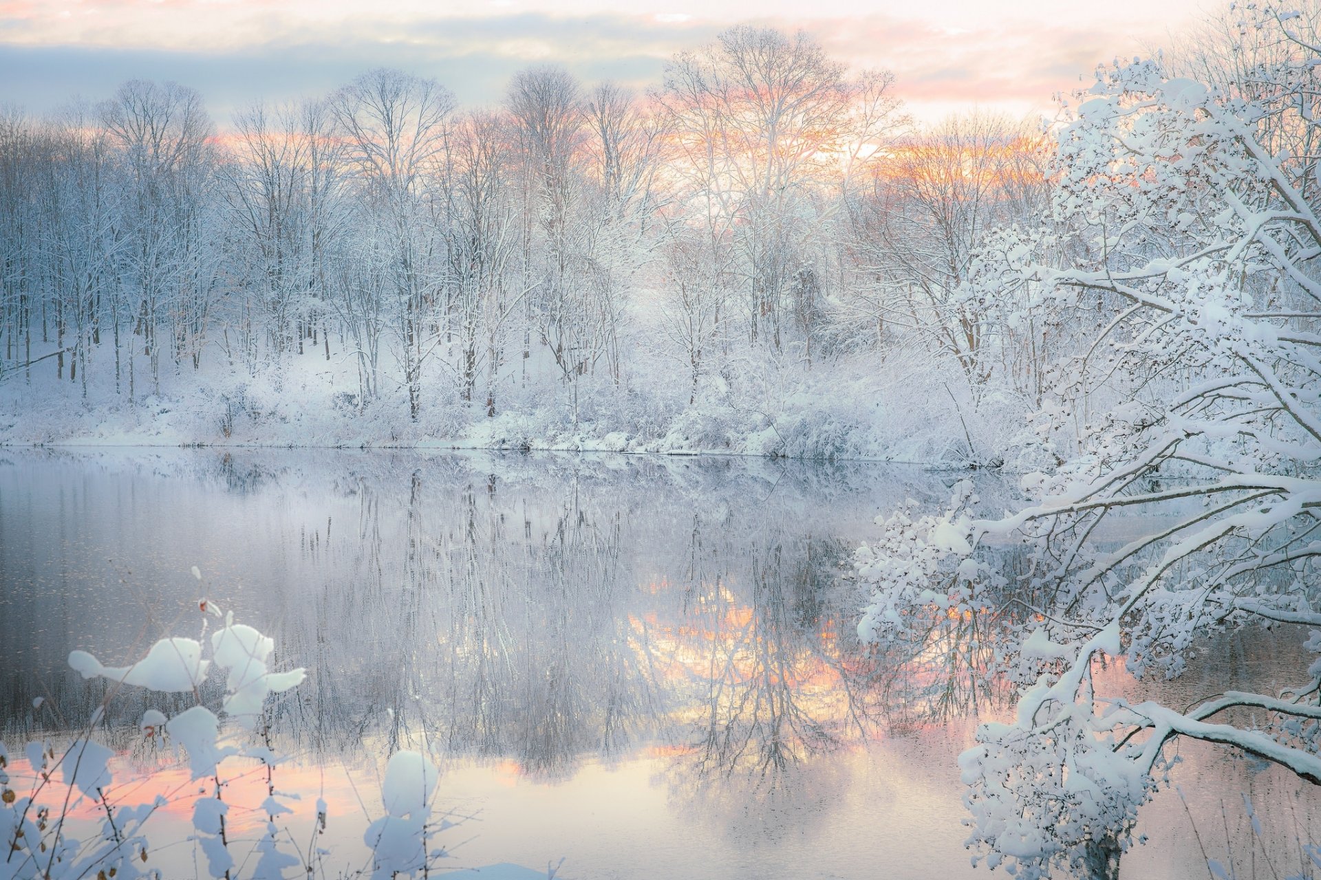 inverno neve sera foresta lago riflessione