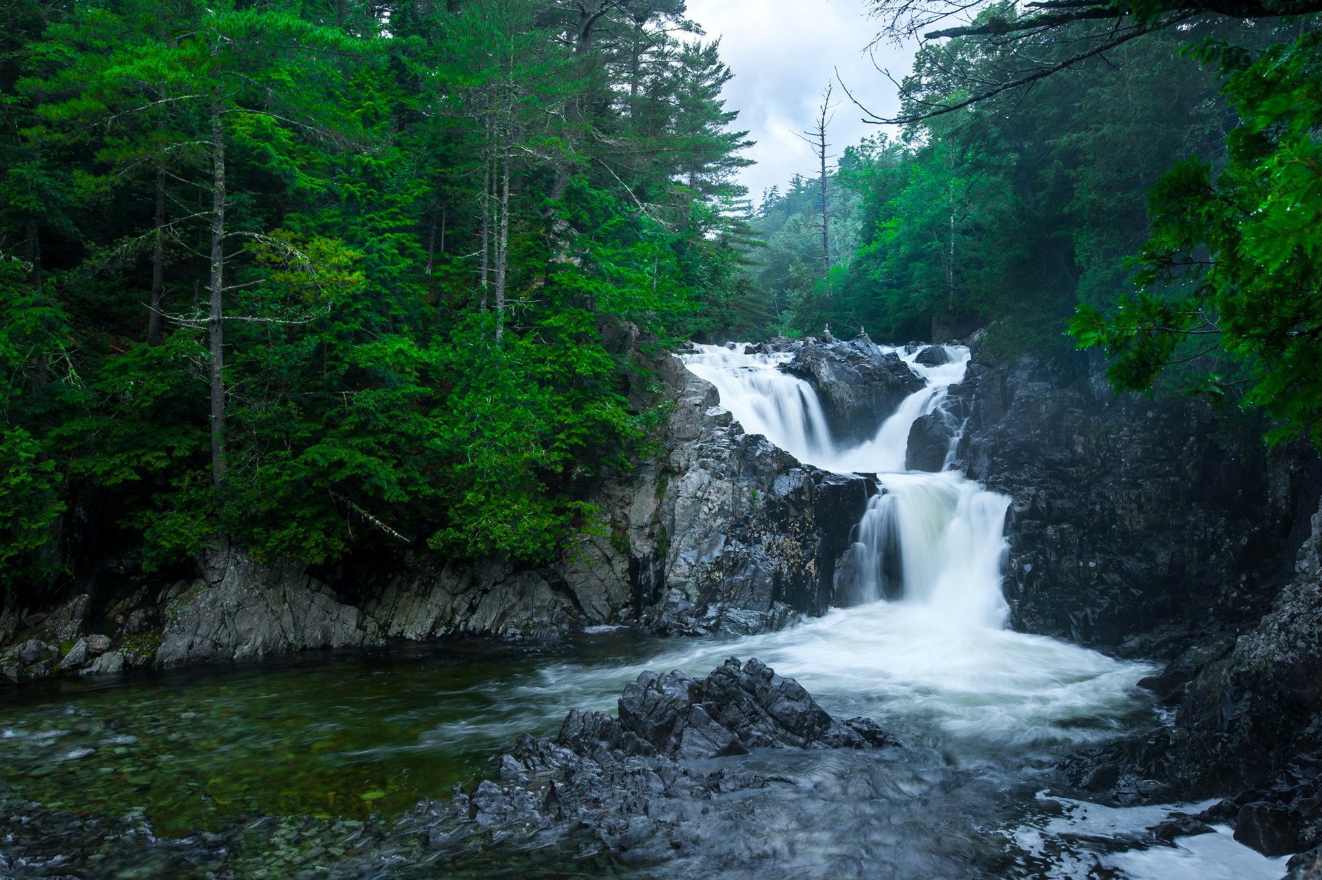 cielo nubes bosque río rocas cascada rápidos piedras árboles