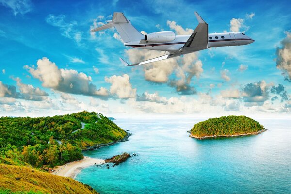 A plane flying over a tropical island