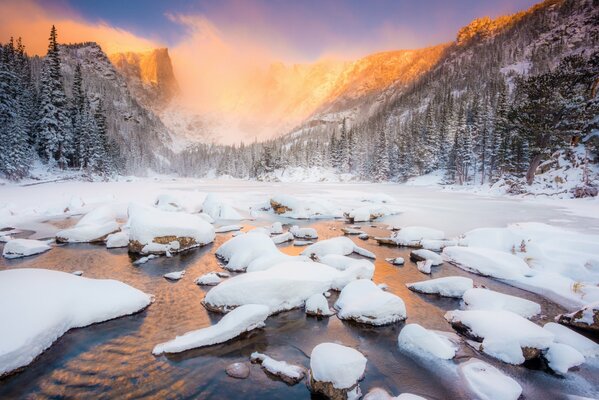 Parque nacional de las montañas rocosas en Colorado, Estados Unidos. Paisaje de invierno