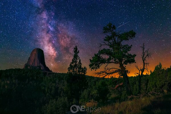 Volcán y bosque de coníferas en el fondo de la brillante vía láctea y el atardecer