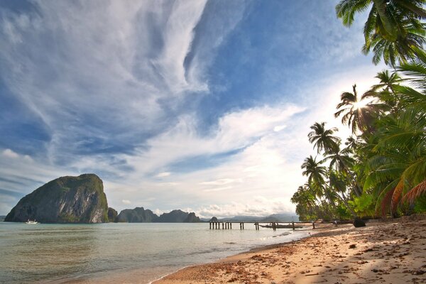 Paysage, palmiers sur l océan avec vue sur l île dans la mer et la côte avec du sable. Tropical beach vue sur le ciel avec des nuages