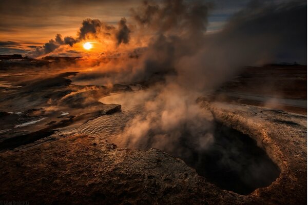 Sunset over the volcano crater