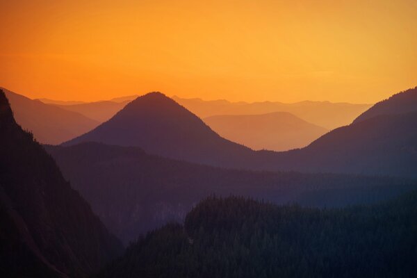 Sunset, view of hills and trees