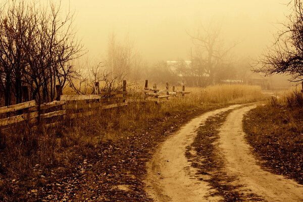 Strada rurale lungo una vecchia recinzione di legno, annegando nella nebbia i contorni di case e alberi