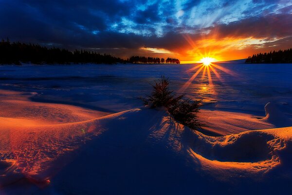 Amanecer de invierno contra el sol