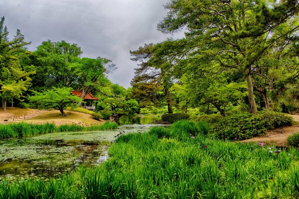 Japanisches Häuschen zwischen Gras und Bäumen