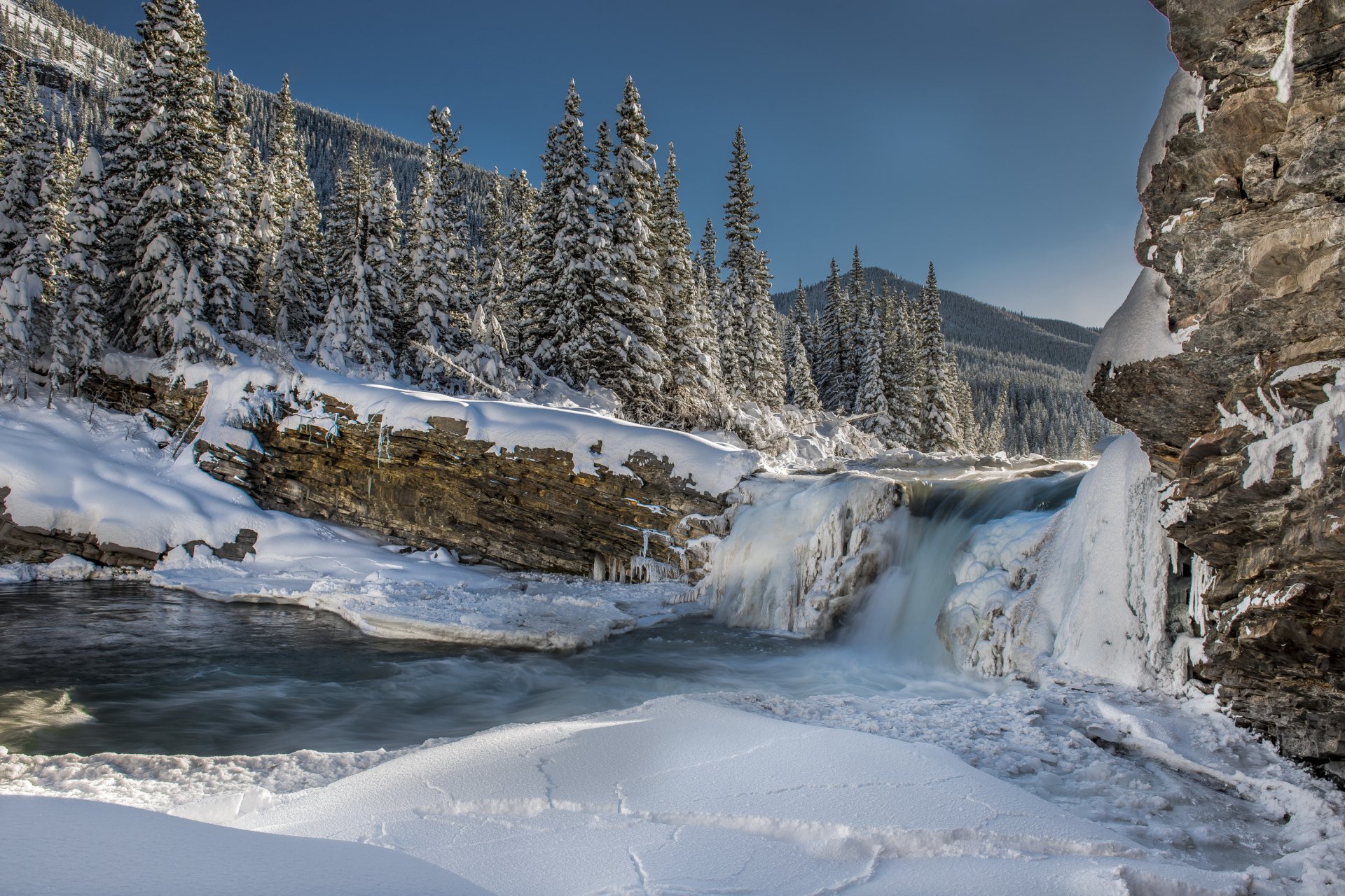 berge wald weihnachtsbäume fluss wasserfall schnee eis winter