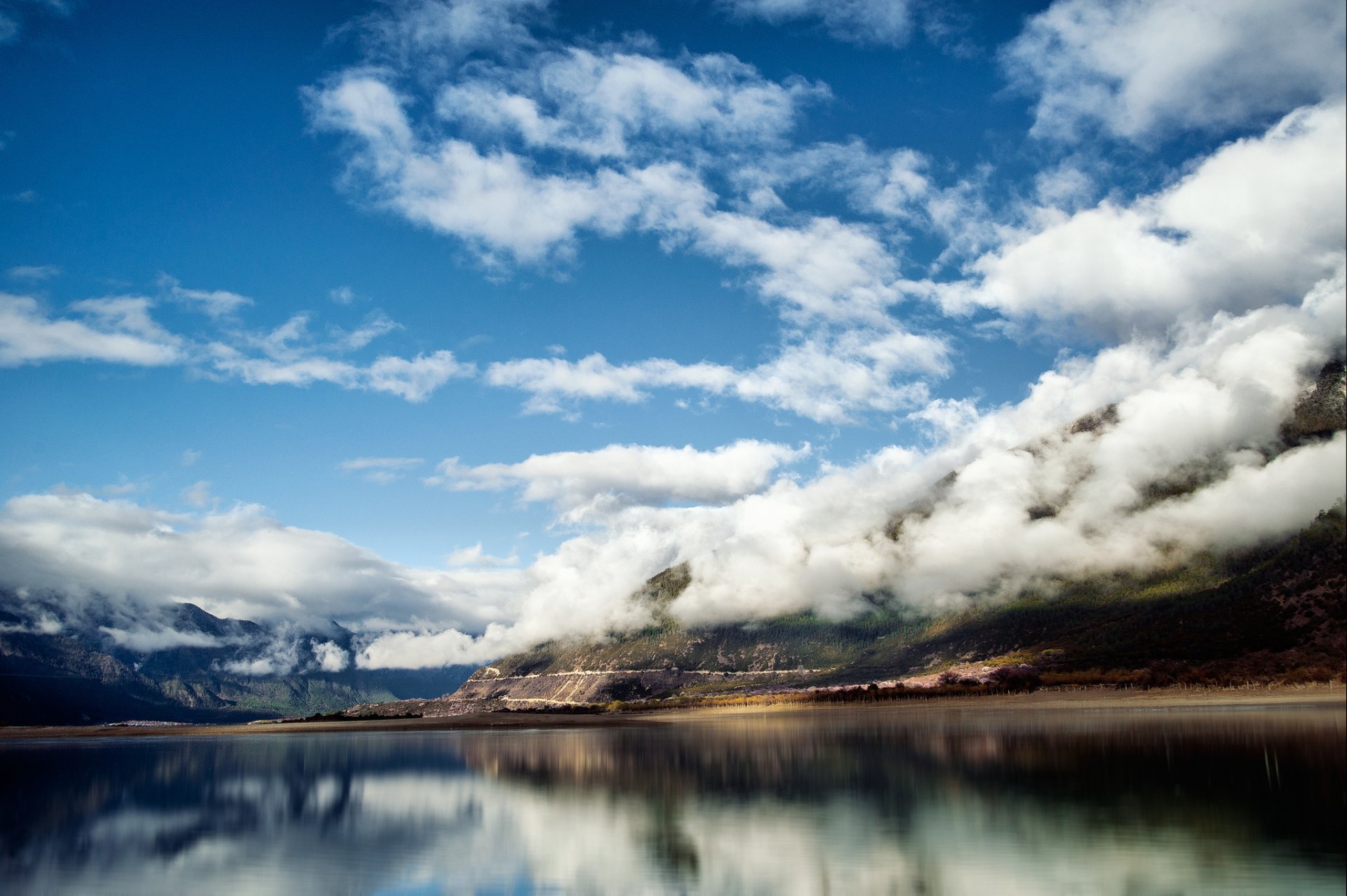 nature tibet china mountain clouds lake