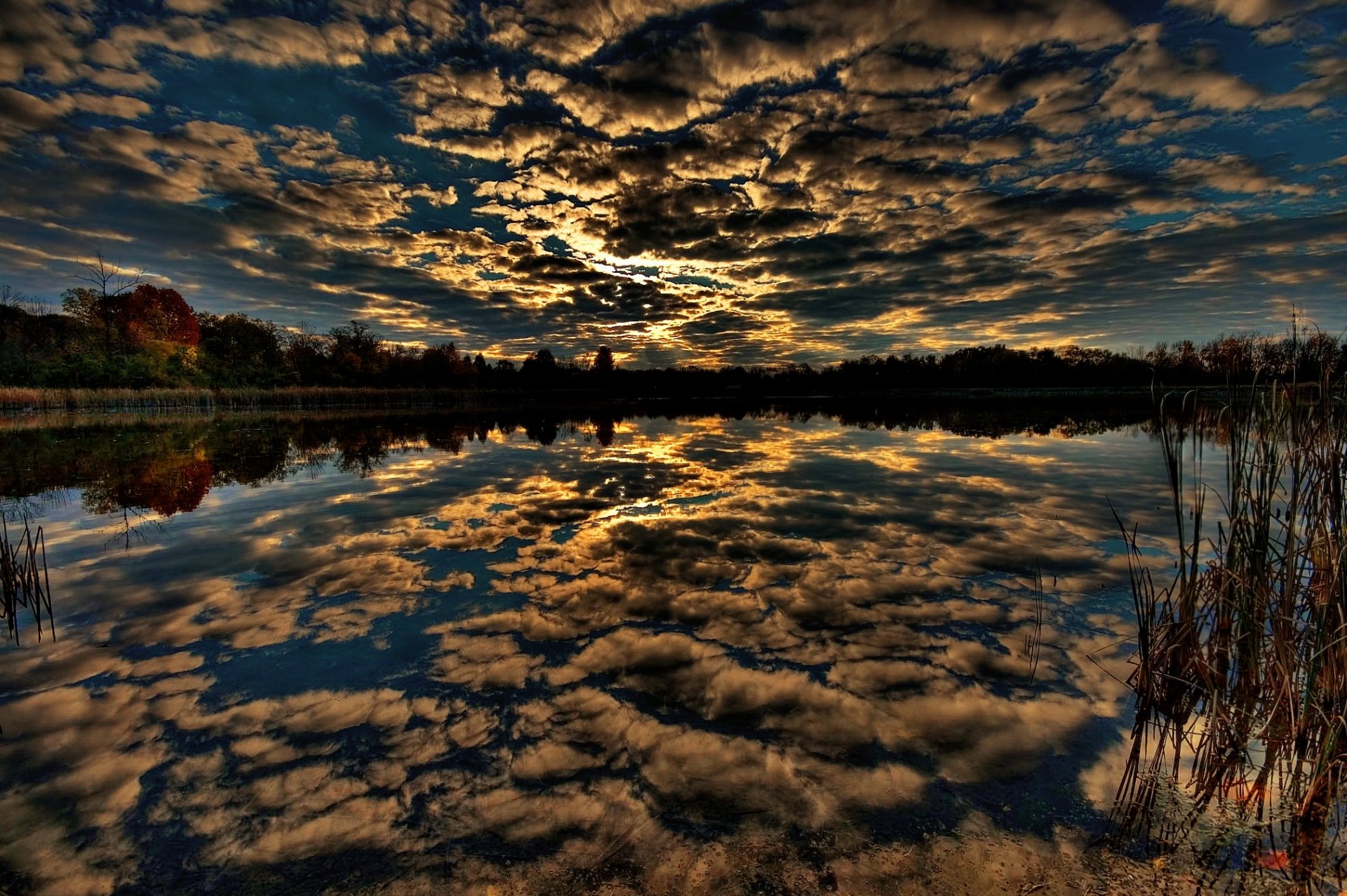 clouds sky water forest reflection