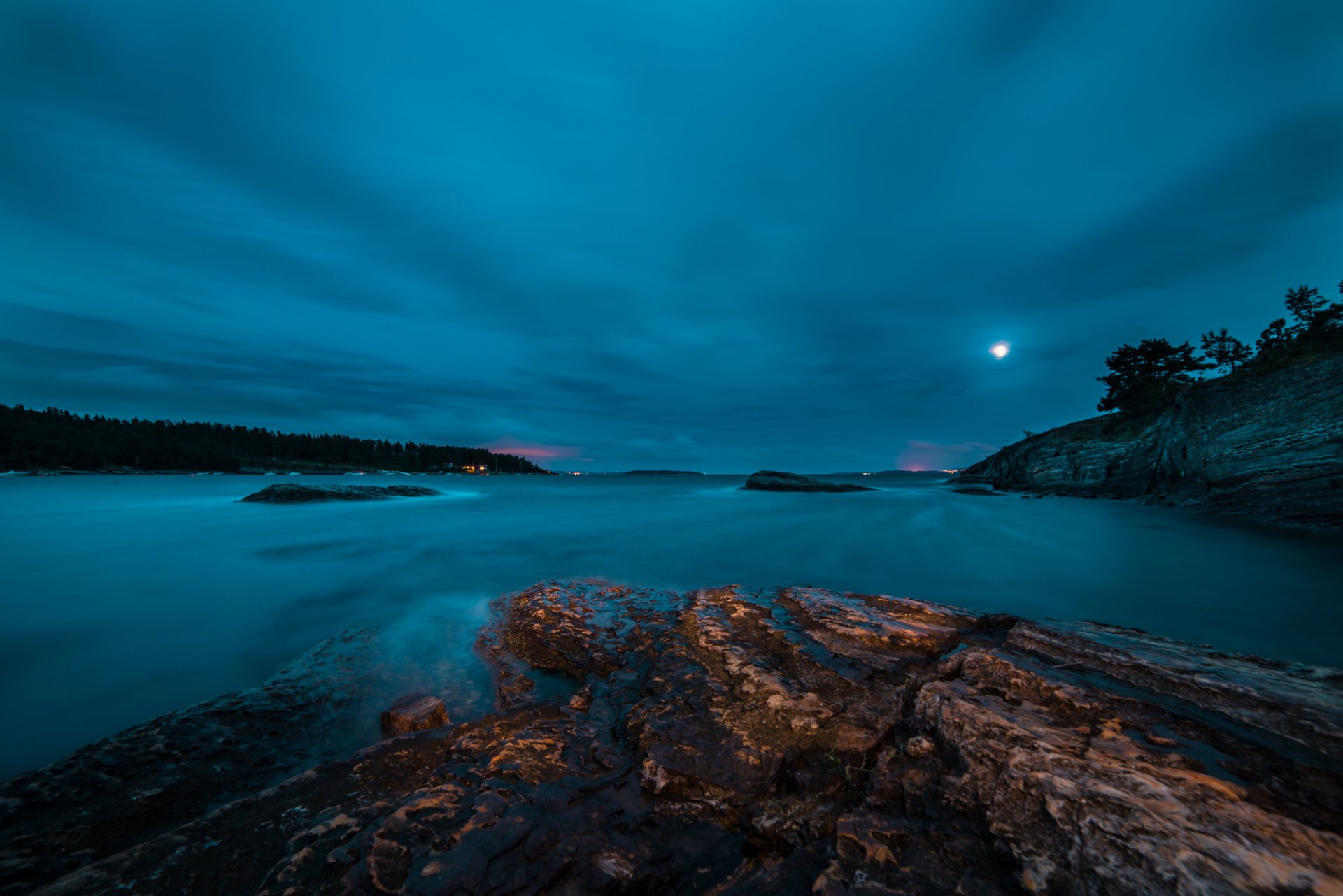 noche lago luna bosque rocas