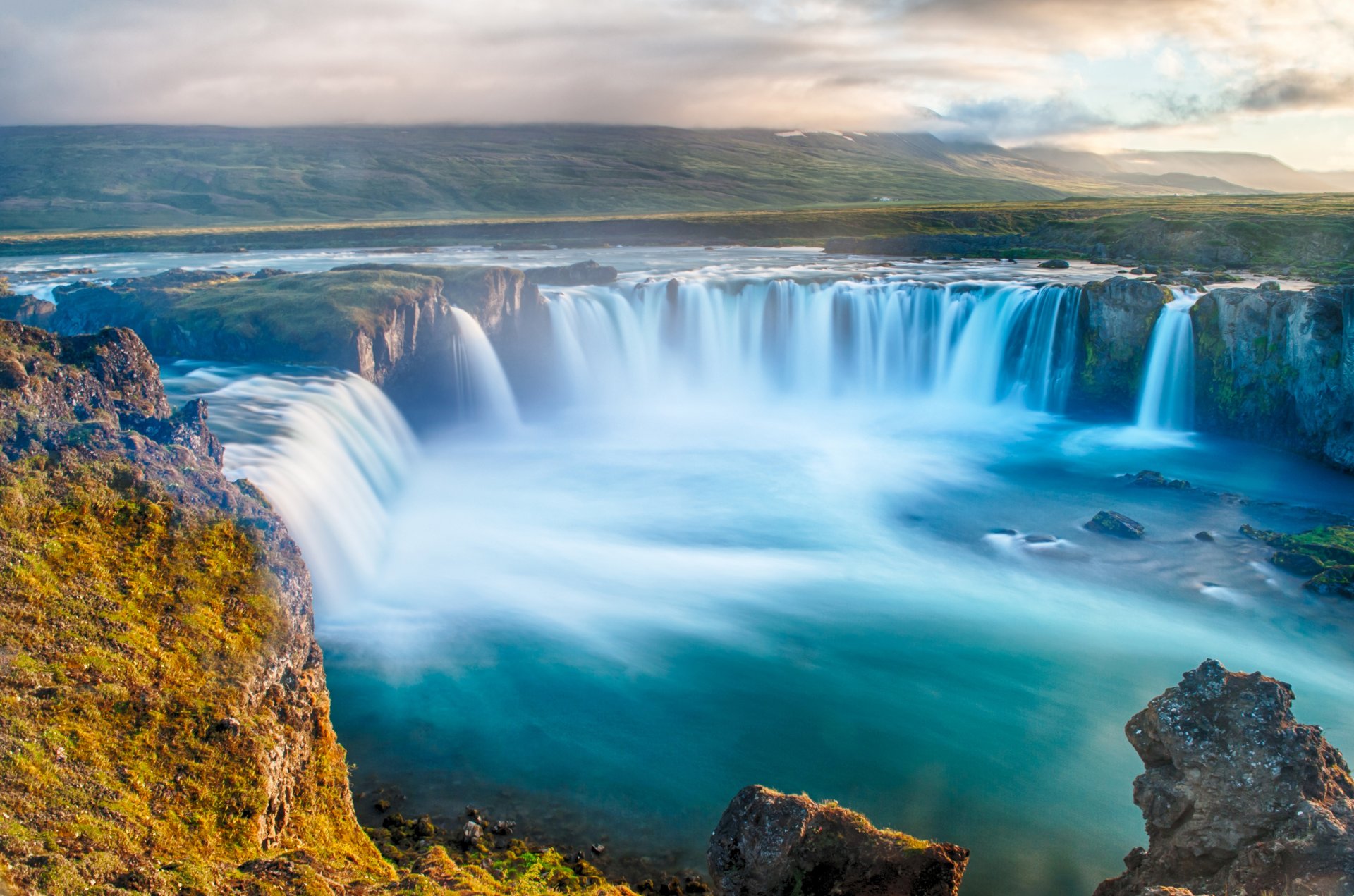 river waterfall valley hills cloud