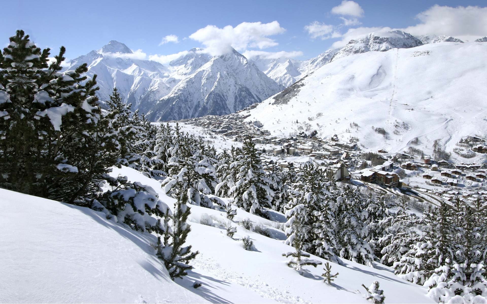 town mountain snow winter