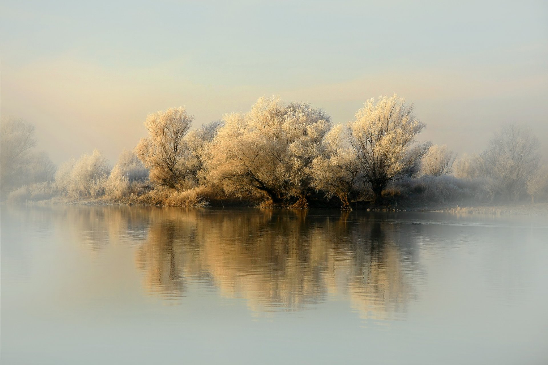 natura zima rzeka drzewa pierwszy śnieg szron