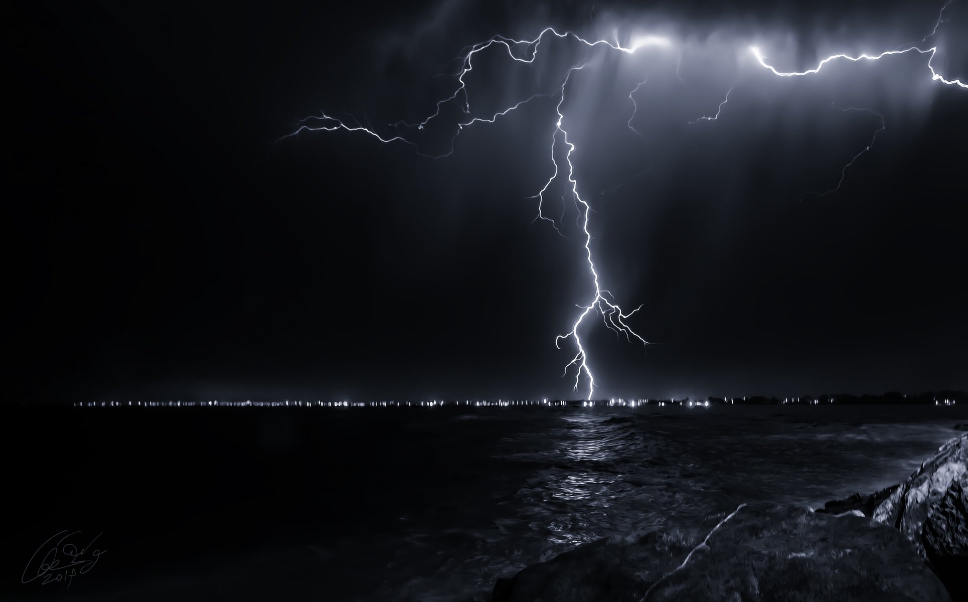 nature sea night lightning sky