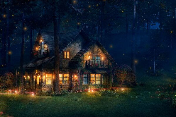 Art with a cottage in the forest and fireflies