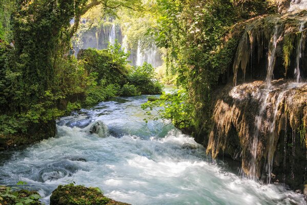 Красивый пейзаж утреннего водопада