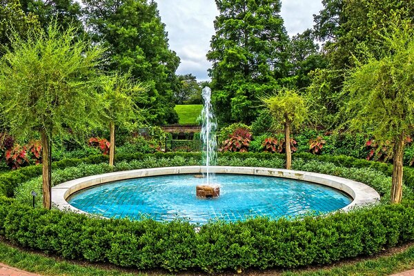 Schöner Brunnen im grünen Garten