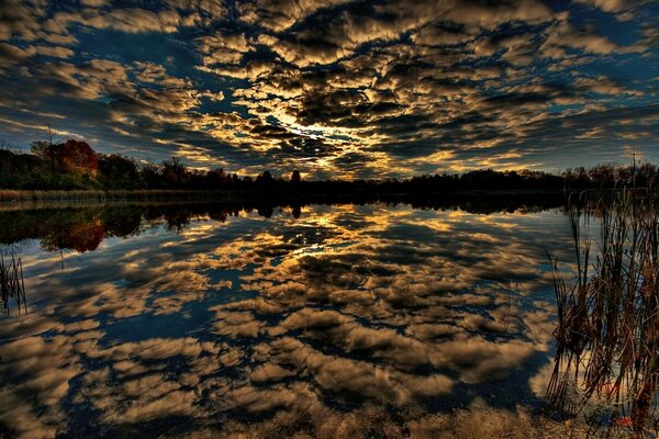 Mirror of reflected clouds in the water surface