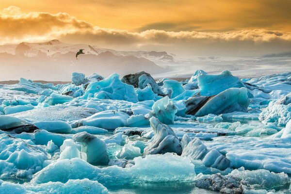 Lagon glaciaire en Islande pendant le coucher du soleil