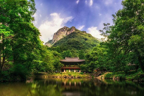 House at the foot of the mountains on the lake shore