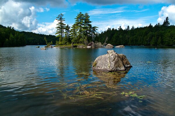 Green island in the center of Saranac Lake