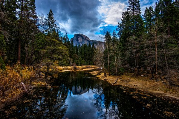 Río de montaña en el bosque de otoño