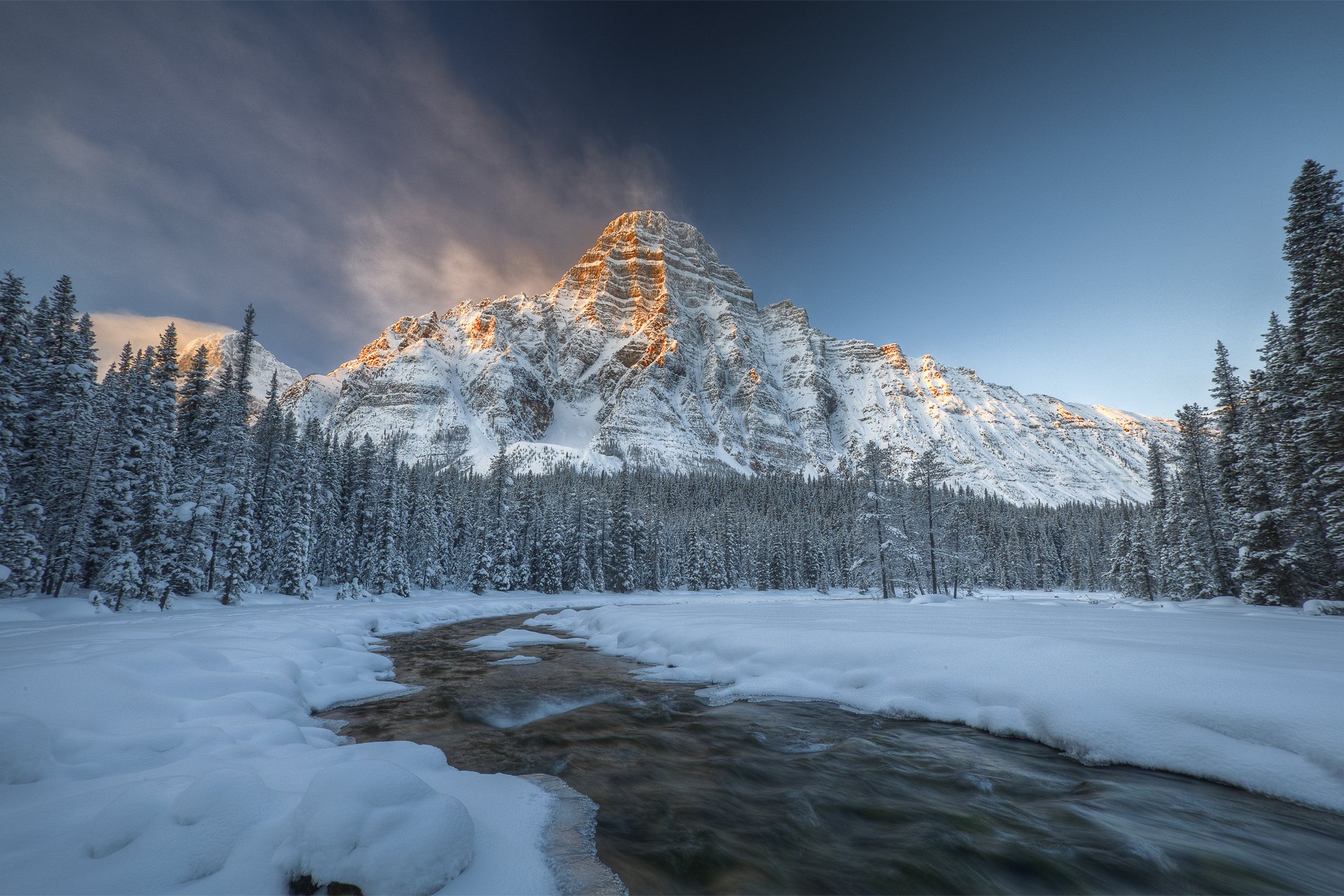 canada albert banff national park mount chephren winter forest river snow