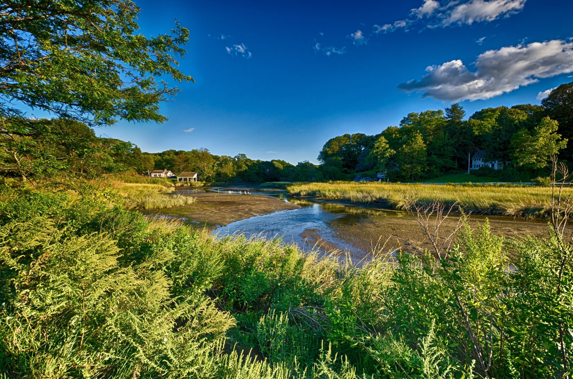 long island new york landscape sky clouds tree river grass house