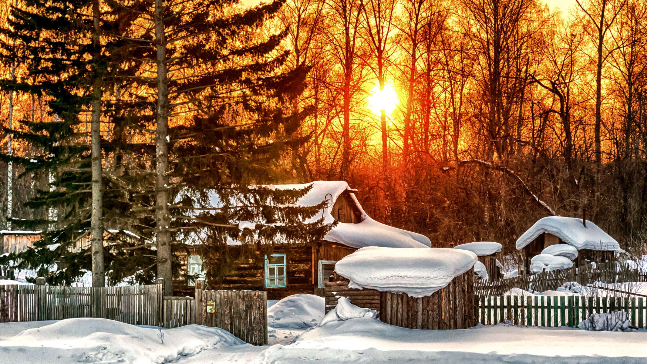 nature sky sunrise winter snow landscape house