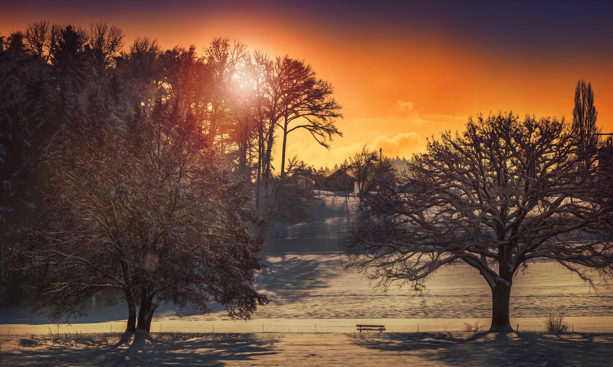 winter sonne häuser bäume verarbeitung