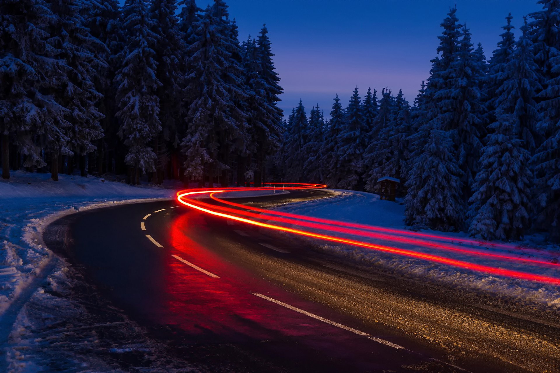 inverno strada neve luce luci esposizione foresta notte