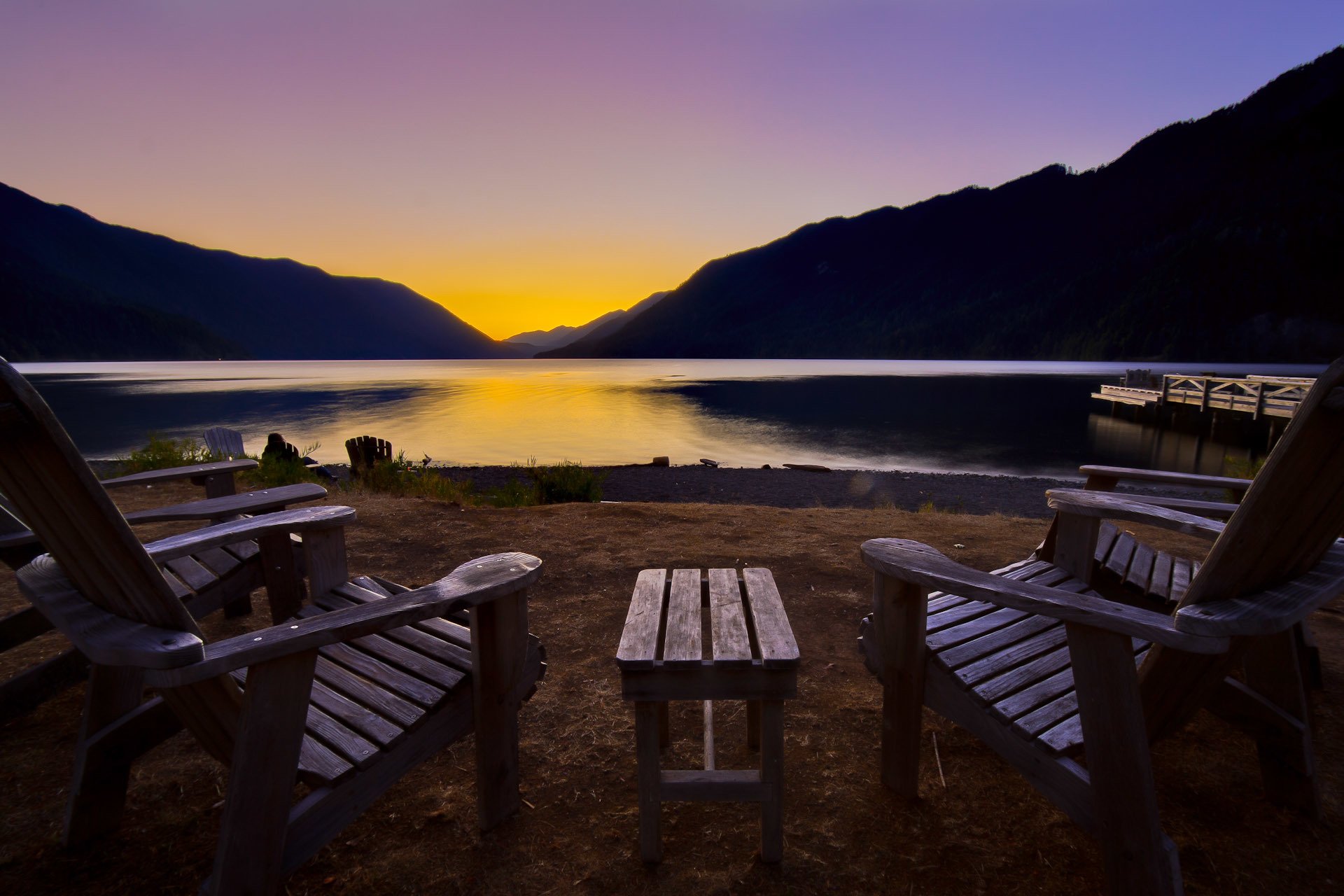 lake crescent lodge olympic national park crescent washington us sunset lake mountain landscape beach chairs table