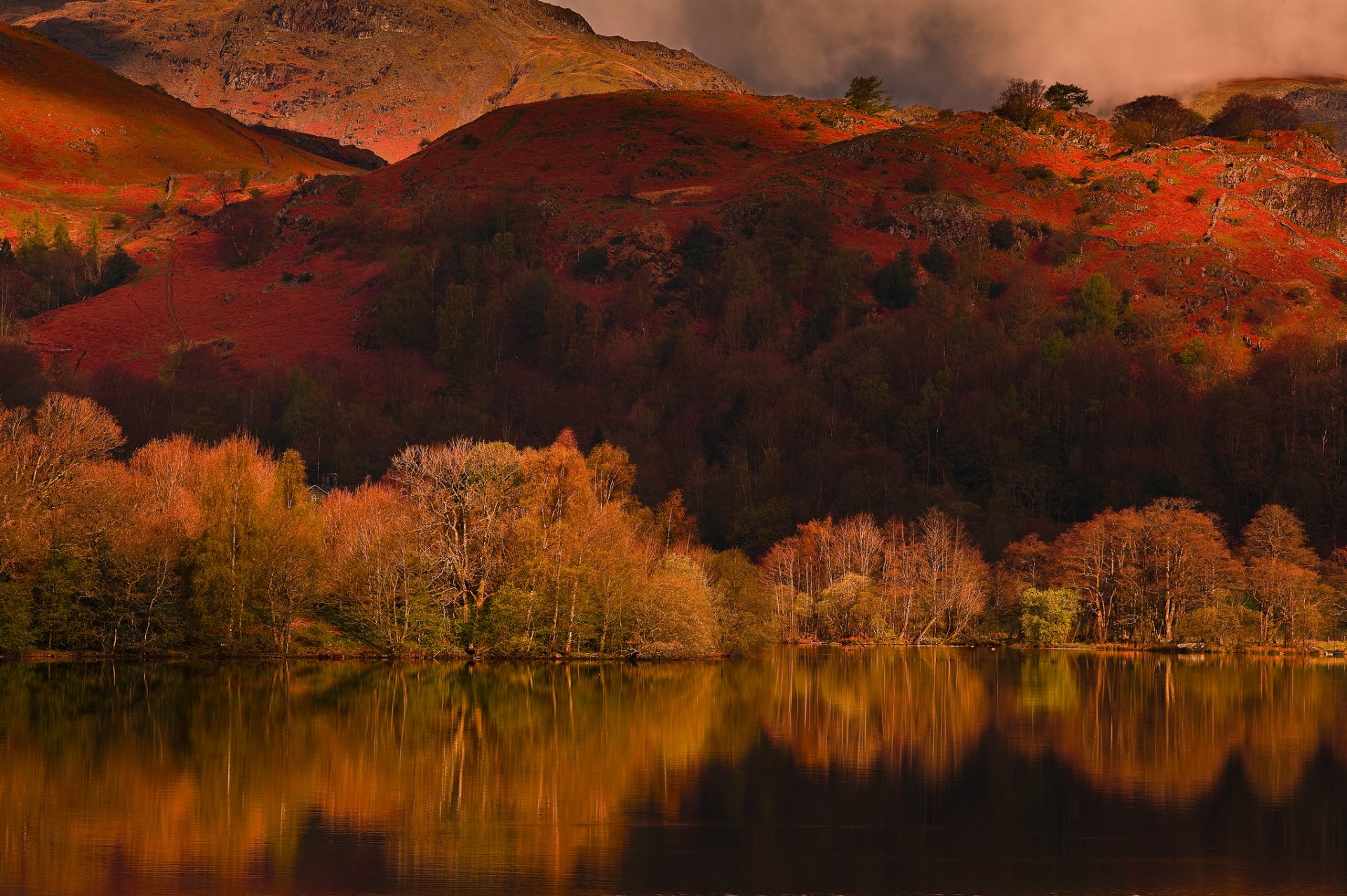 clouds mountain lake tree reflection autumn