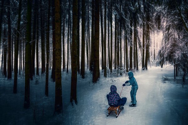 Children s games in the winter forest