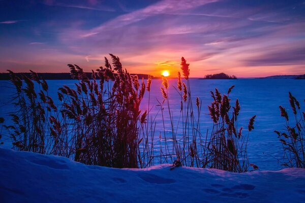 Coucher de soleil glacial d hiver dans la lueur