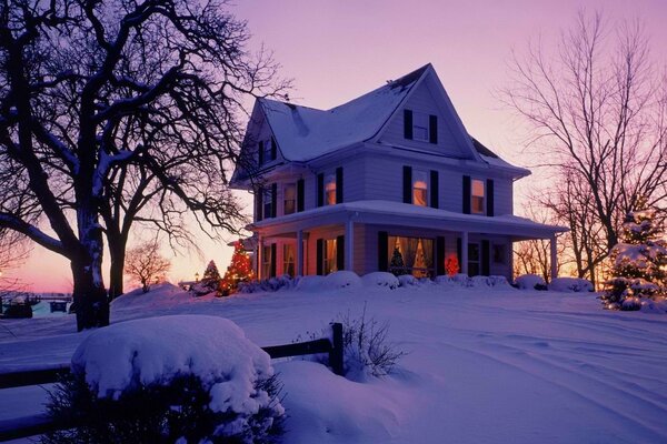 Winter landscape. A house in nature