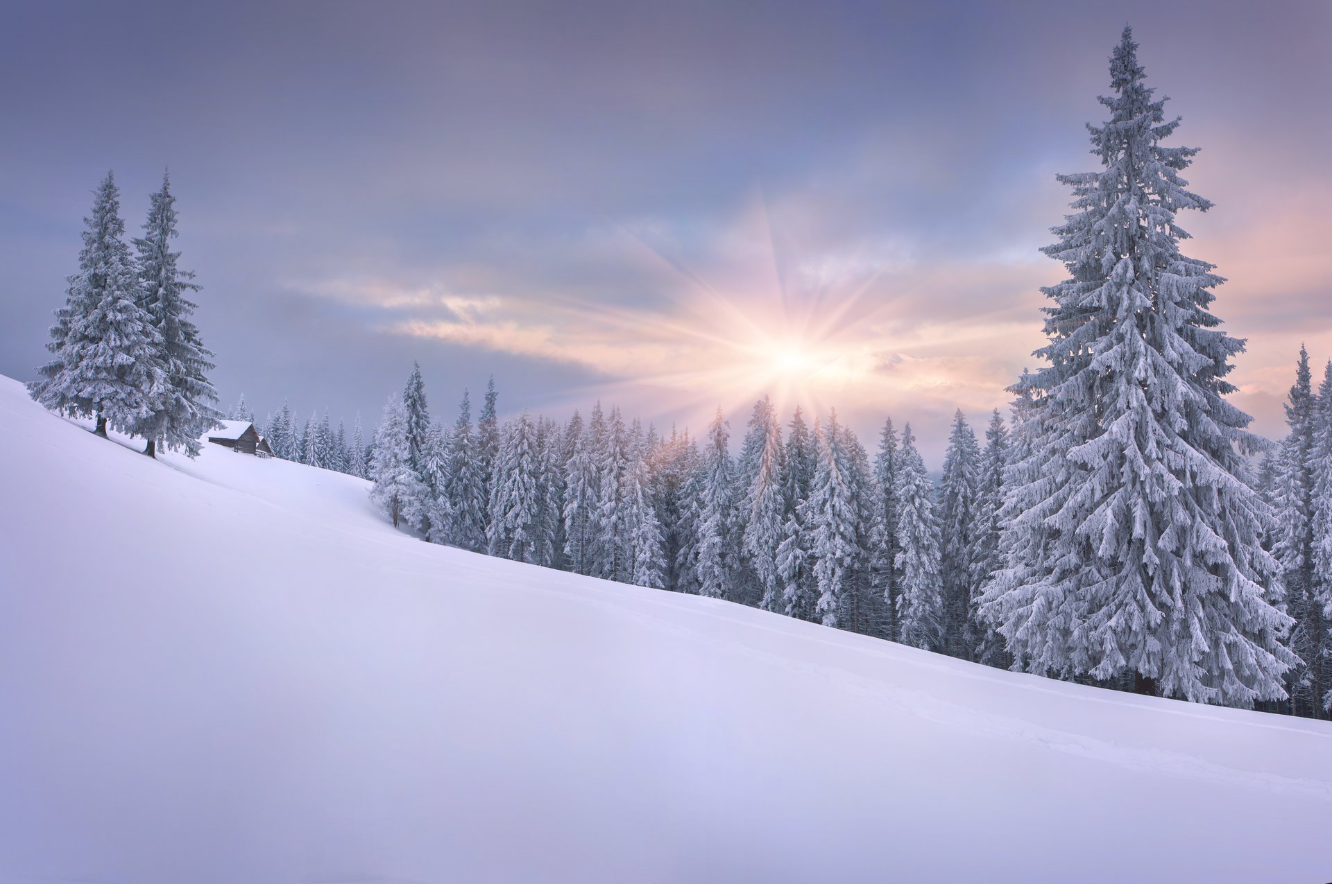 invierno cabaña pendiente sol nieve