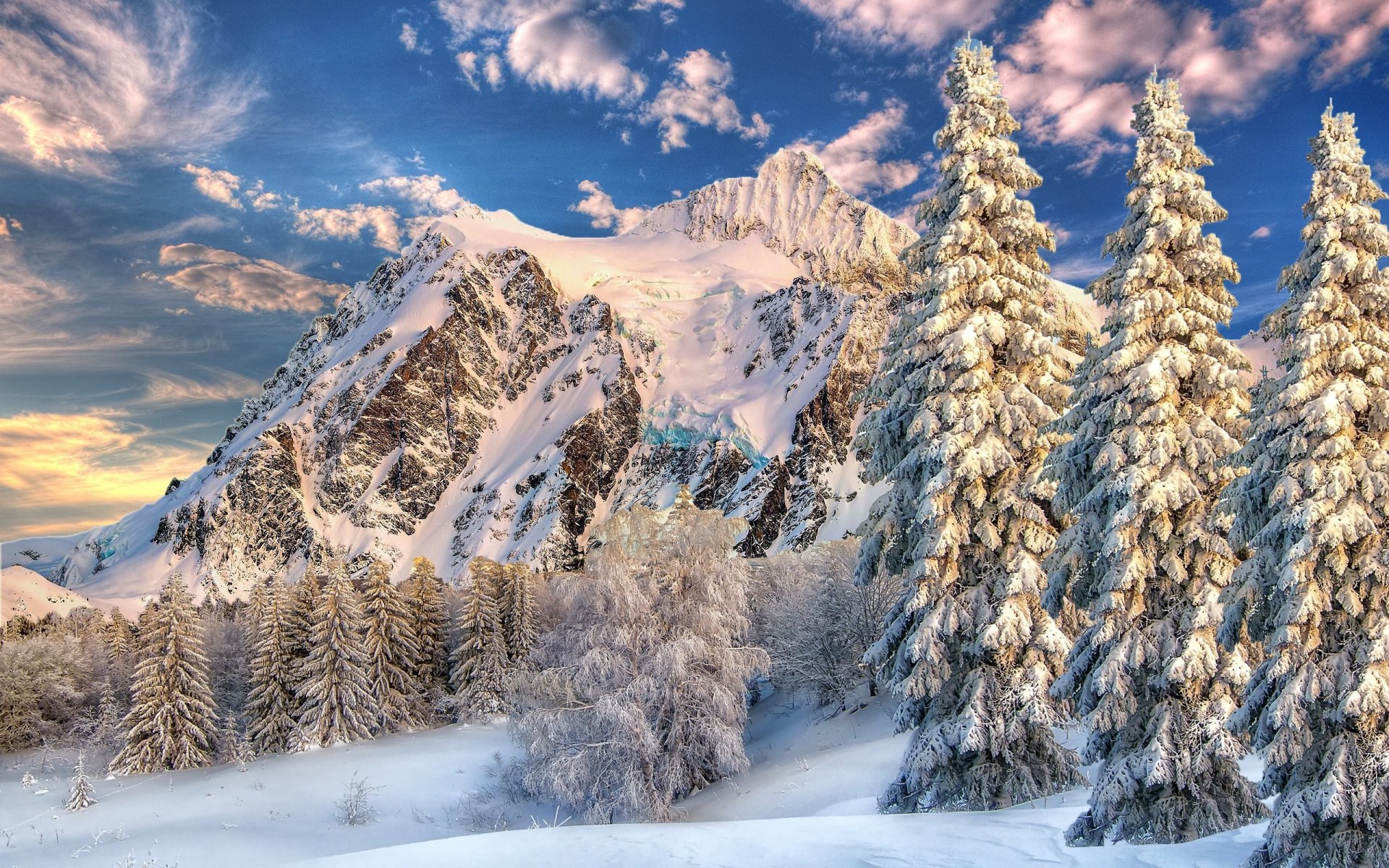 cielo nuvole montagne inverno neve alberi abete rosso paesaggio