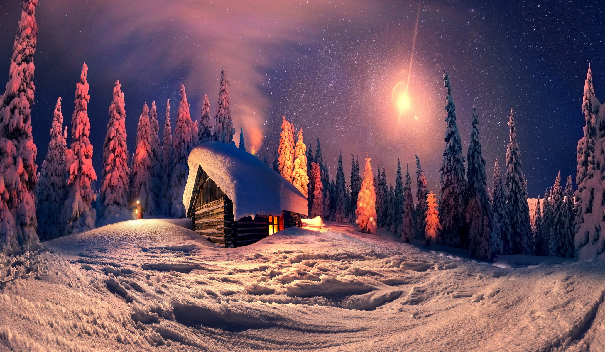 nature night winter snow christmas town lights new year